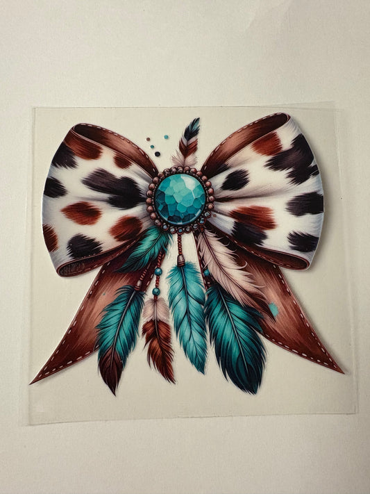 240. Cow Bow Teal Feathers UVDTF Decal